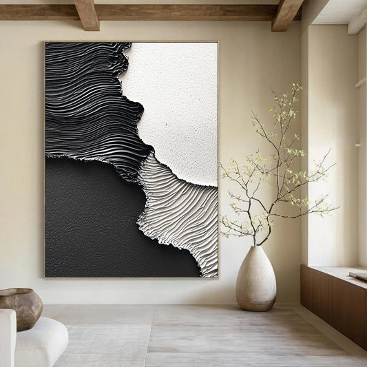 Contemporary hand-painted abstract art featuring dynamic black paint waves on textured paper showcasing intricate details and high-resolution depth. DLZ1538