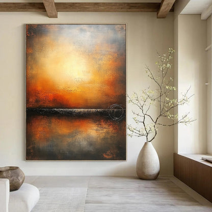 Contemporary hand-painted abstract art featuring an endless horizon in warm colors and muted tones on a textured canvas. DLZ0887