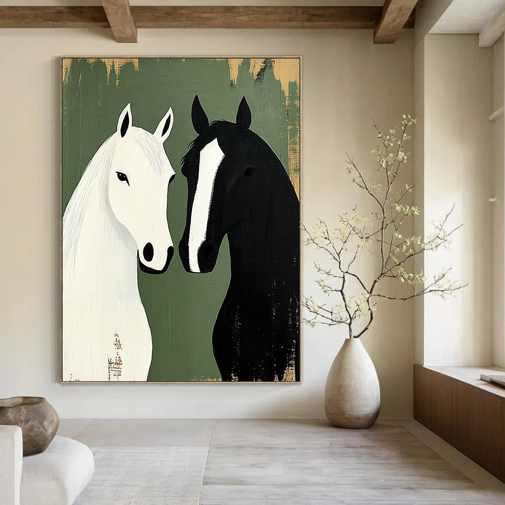 Contemporary abstract artwork featuring two horses in minimalist style against a green background, capturing rustic farmhouse charm and harmony in design. DLZ1719