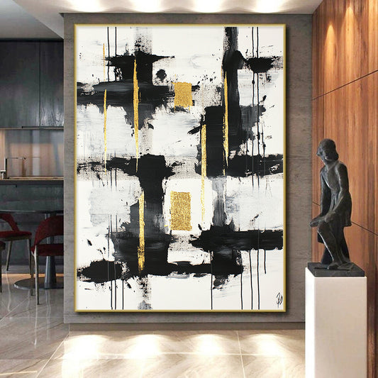 Black, White, Gold, Gray, Textured Blocks "Gilded Grid" Abstract Minimalist Painting On Canvas HB100