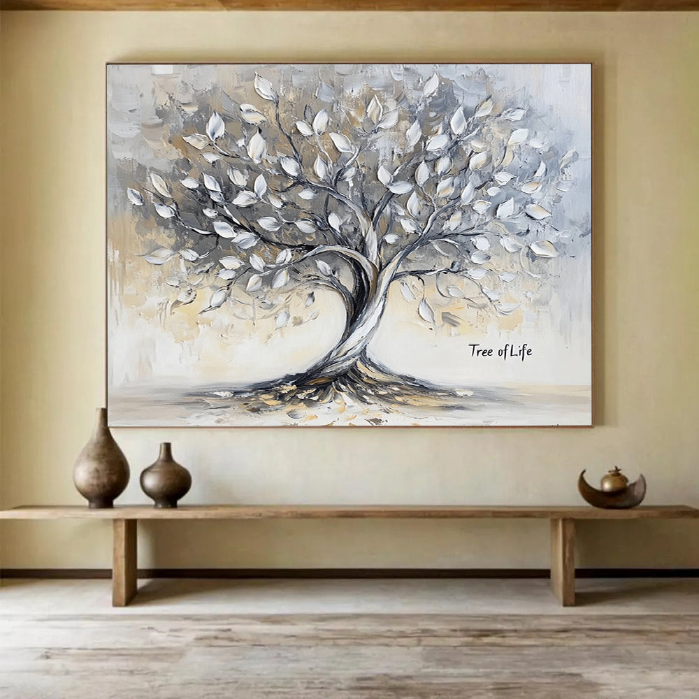 Neutral - Toned Tree of Life - Textured Symbolic Painting On Canvas HB0457
