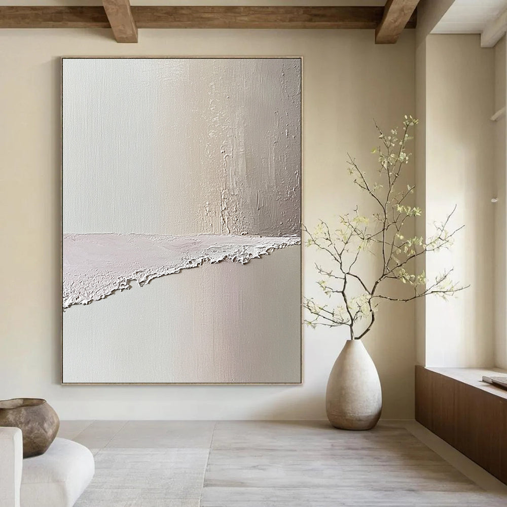 Contemporary abstract art featuring a serene beach scene in soft pastel pinks and whites evokes tranquility with textured oil paint aesthetics. DLZ1358