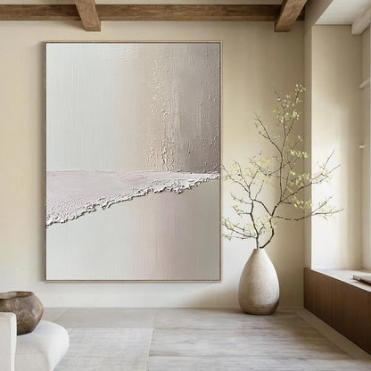 Contemporary abstract art featuring a serene beach scene in soft pastel pinks and whites evokes tranquility with textured oil paint aesthetics. DLZ1358