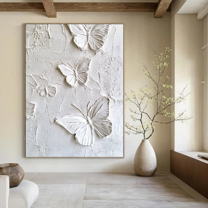 Contemporary abstract artwork featuring white butterflies on a textured plaster wall, enhanced high-definition texture detail for a striking visual impact. DLZ1739