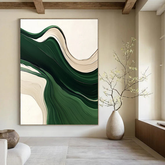 Contemporary hand-painted abstract artwork featuring fluid green and white lines, organic shapes, and layered textures on a neutral background. DLZ0622
