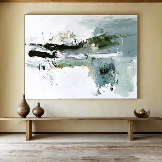 “Abstract Black and White” - Black, White, Gray, Dynamic Brushstrokes Painting On Canvas HB0944