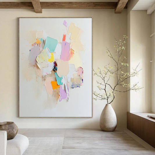 Contemporary abstract art features an arrangement of white paper pieces with soft colors, evoking calmness and serenity in a tranquil composition. DLZ0886