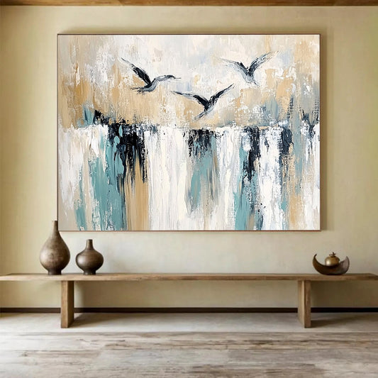 “Birds Over Textured Landscape” - Beige, Teal, Black, Bird Silhouettes - Painting On Canvas HB1412