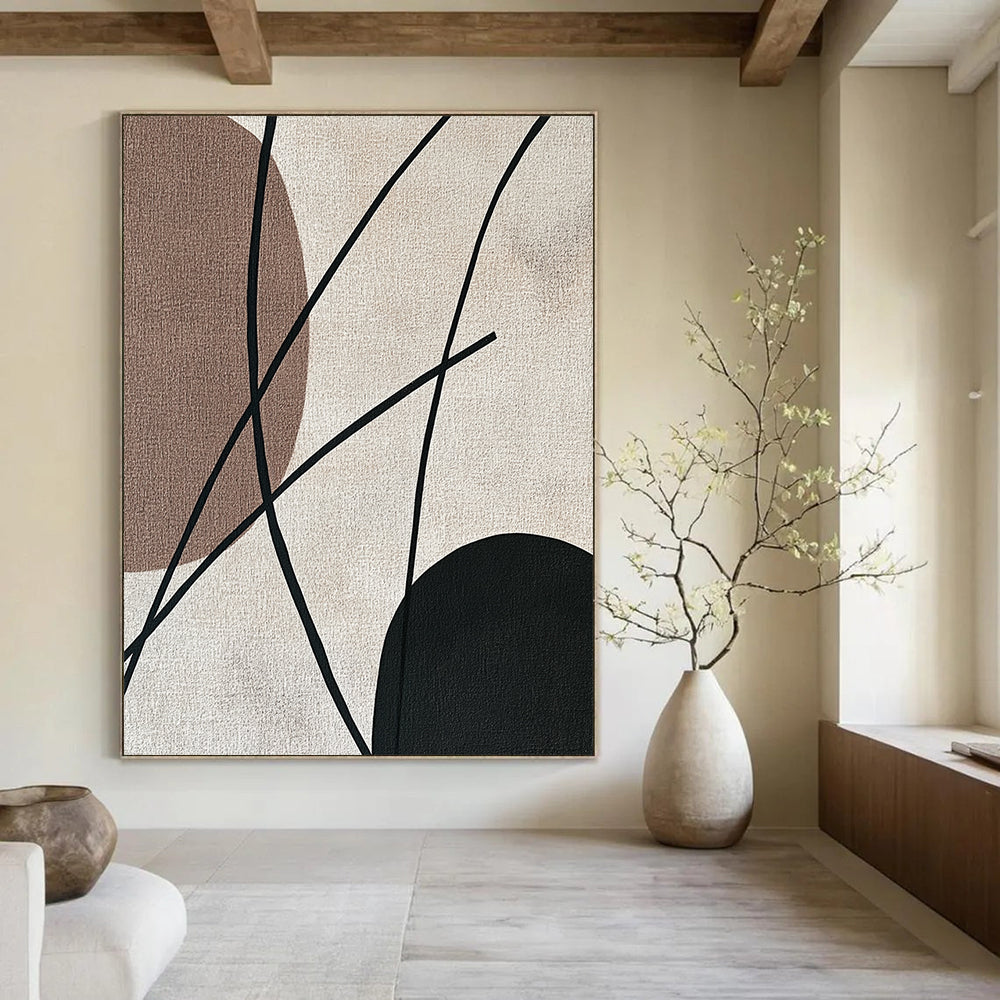 Contemporary abstract painting features minimalist Japandi art with black strings elegantly contrasting against a beige background in soothing earthy tones. DLZ1627