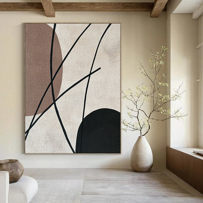 Contemporary abstract painting features minimalist Japandi art with black strings elegantly contrasting against a beige background in soothing earthy tones. DLZ1627
