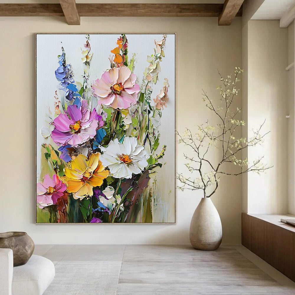 Vibrant contemporary hand-painted abstract art featuring a textured bouquet of flowers with rich colors against a clean white background. DLZ1674