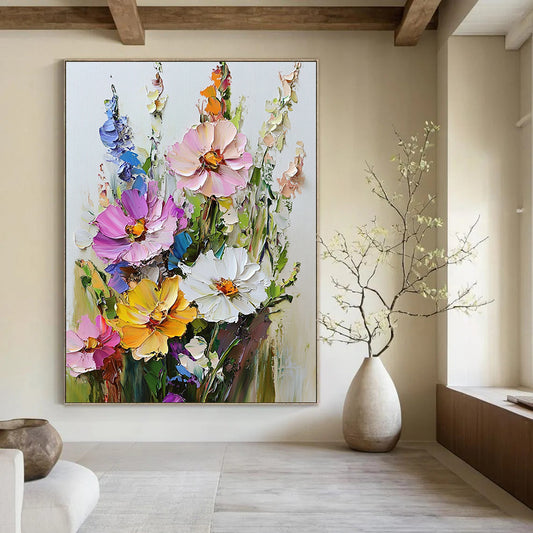 Vibrant contemporary hand-painted abstract art featuring a textured bouquet of flowers with rich colors against a clean white background. DLZ1674