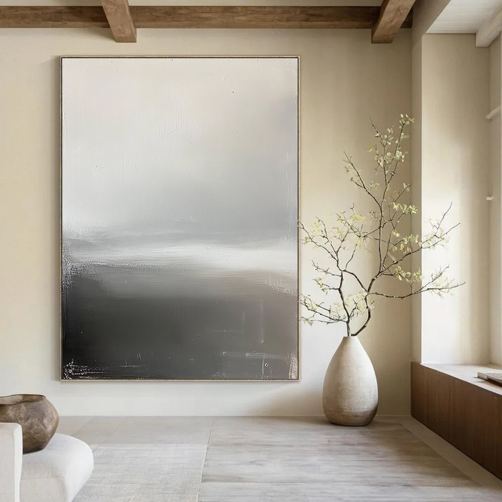 Contemporary hand-painted abstract art featuring a grey sky, foggy horizon, and a subtle grey and white palette that evokes tranquility and calmness. DLZ1347