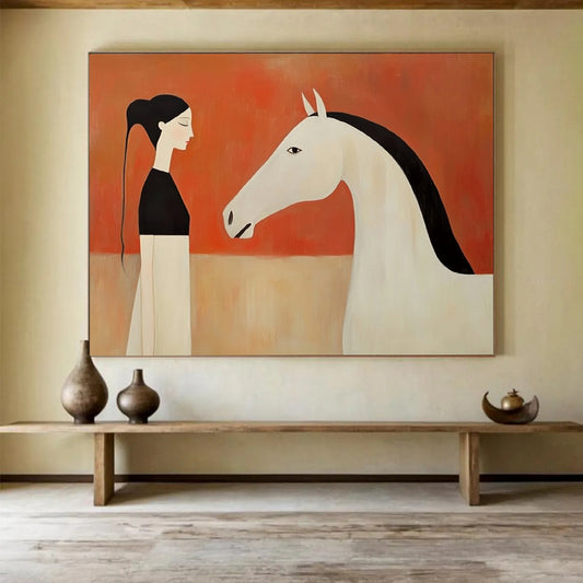 “Stylized Woman & Horse Encounter” - Black, White, Orange, Figurative Painting On Canvas HB0771