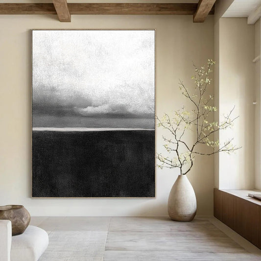 Contemporary hand-painted abstract artwork featuring a textured ocean horizon with soft, atmospheric clouds and a grainy, minimalist aesthetic. DLZ1546