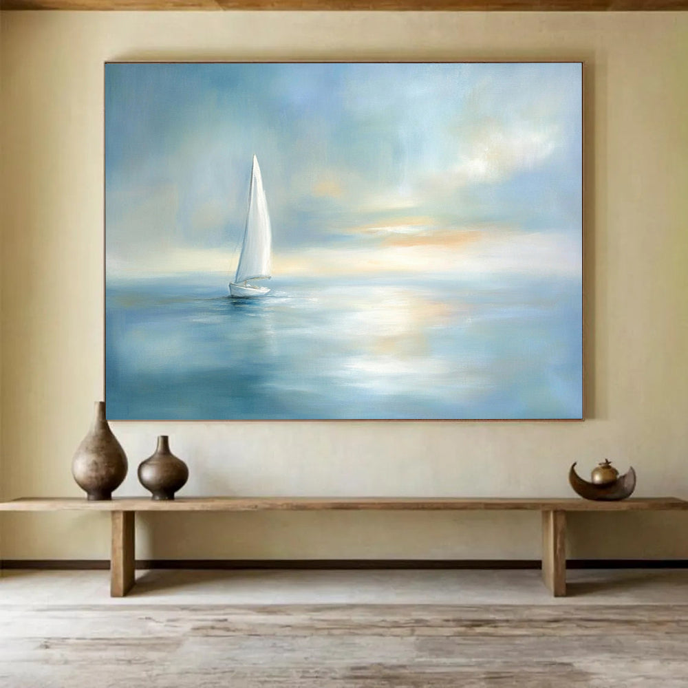 “Sailboat At Dusk” - Light Blue, White, Dreamy Sailboat Painting On Canvas HB0702