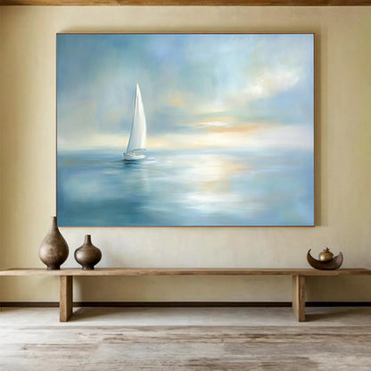 “Sailboat At Dusk” - Light Blue, White, Dreamy Sailboat Painting On Canvas HB0702