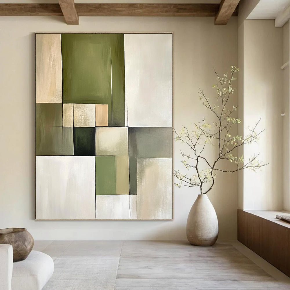 Contemporary abstract painting featuring green and beige blocks with soft tones and simple lines, embodying minimalism and geometric shapes on canvas. DLZ0747