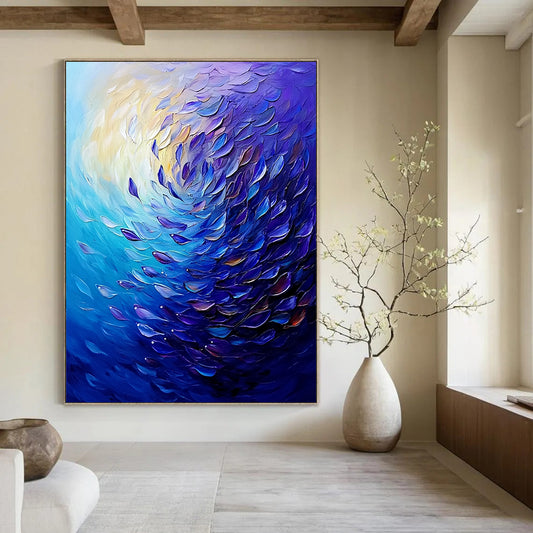 Contemporary abstract painting showcases swirling ocean colors with vibrant purple and blue fish, creating dynamic movement and deep atmospheric perspective. DLZ1096