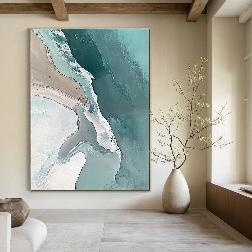 Contemporary abstract art captures an aerial view of Great Sumatra Beach in fluid pastel colors promoting tranquility and minimalist beauty. DLZ0844