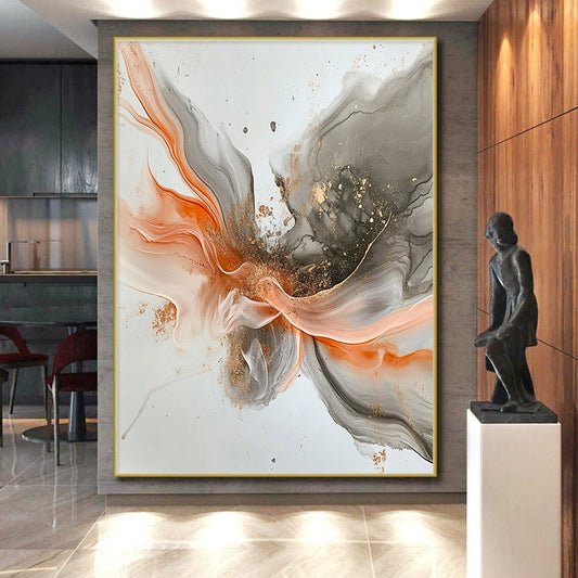 Gray, Orange, Gold, Flowing Shapes "Fiery Grace" Abstract Painting On Canvas HB034