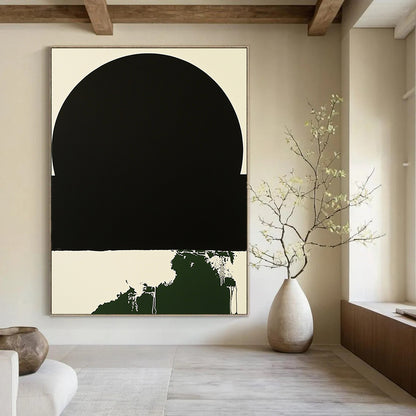 Contemporary hand-painted abstract art featuring a minimalist black circle with a white border and a small dark green splash on a black background. DLZ1382