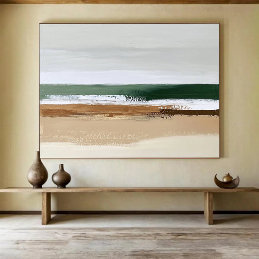 “Abstract Beach Layers” - Earthy brown, green, white, Minimalist Seascape Painting On Canvas HB0614