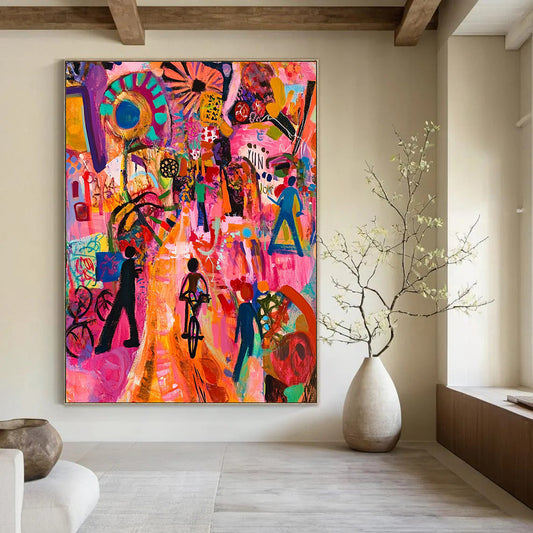 Vibrant contemporary abstract painting capturing urban festival energy with dancing figures decorated bicycles musical instruments and cultural symbols in bright colors. DLZ1030