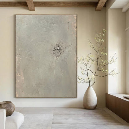 Contemporary abstract artwork featuring an empty light gray canvas with soft tones and faint embossed writing at the center. DLZ0576