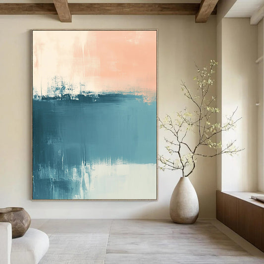 Contemporary hand-painted abstract art featuring muted blue and peach tones with soft brush strokes and a calming sea-inspired atmosphere. DLZ0554