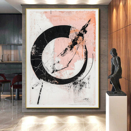 Black, White, Pink, Textured Circle "Blush Enso" Abstract Zen - Inspired Painting On Canvas HB091