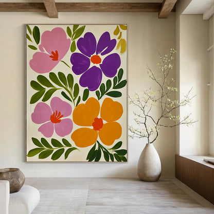 Contemporary hand-painted abstract art featuring vibrant pink and purple flowers against a white background with lush green leaves and vivid orange accents. DLZ1598