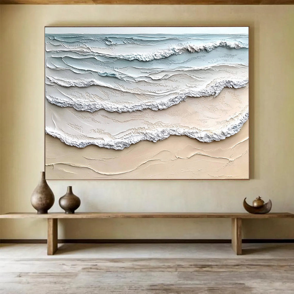 Layered Sea Waves in Blue and Beige - Impasto Ocean Scene Painting On Canvas HB0427
