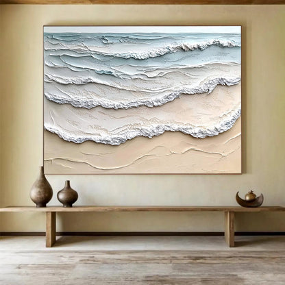 Layered Sea Waves in Blue and Beige - Impasto Ocean Scene Painting On Canvas HB0427