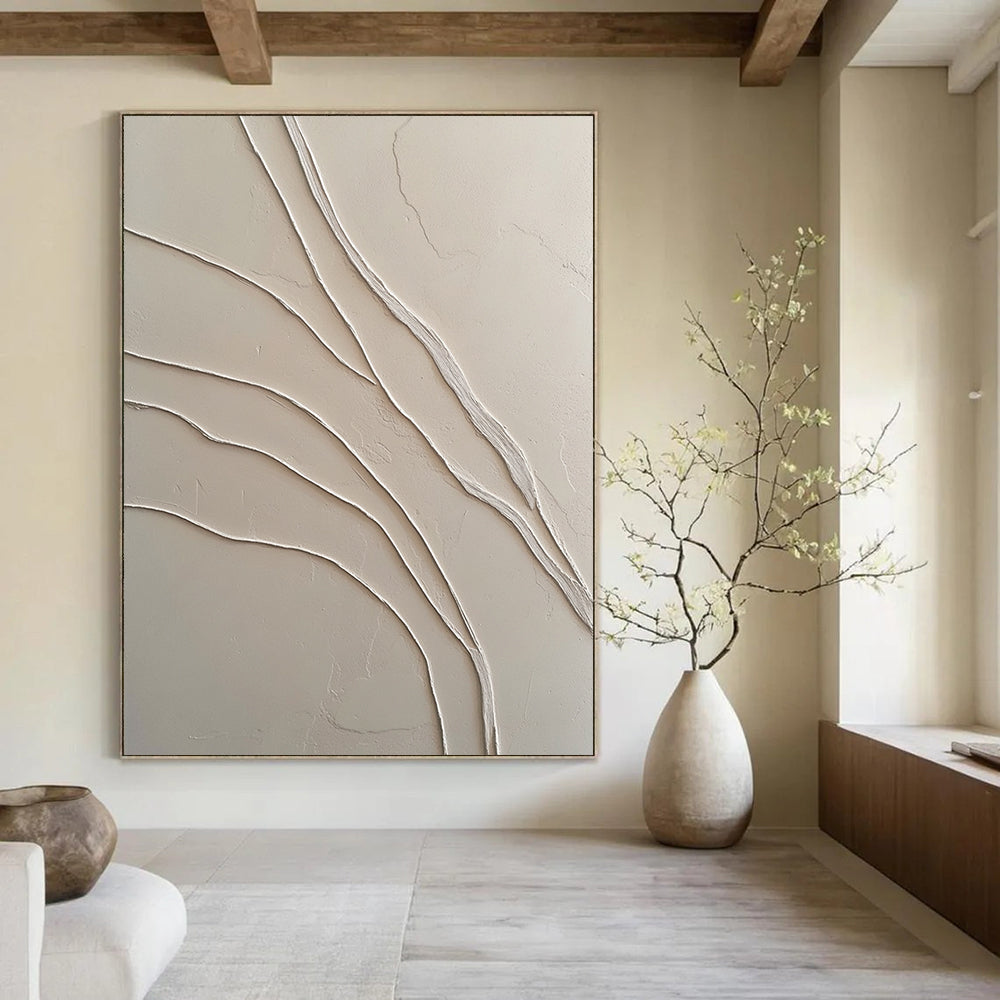 Contemporary abstract art featuring textured white plaster and graceful S-shaped lines creates a striking visual contrast and depth. DLZ1435