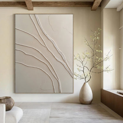 Contemporary abstract art featuring textured white plaster and graceful S-shaped lines creates a striking visual contrast and depth. DLZ1435