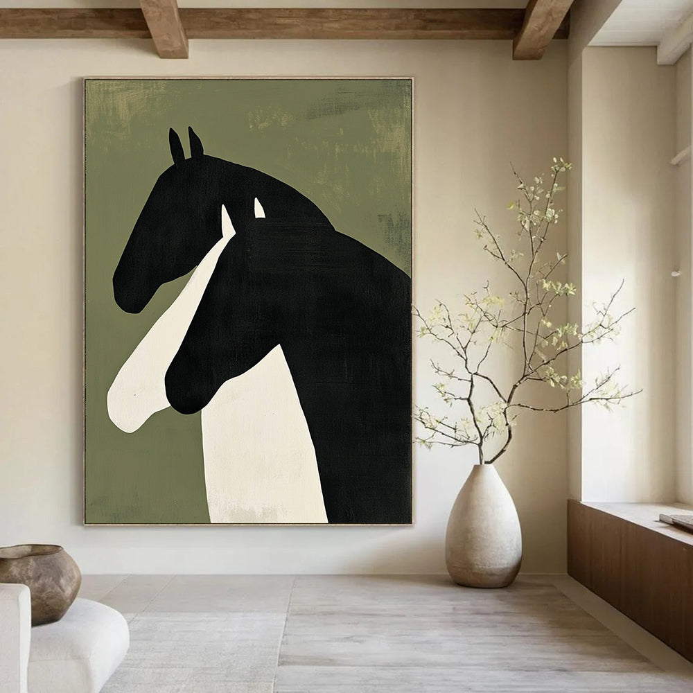 Contemporary abstract painting featuring two horses in profile – bold black shapes with white accents on green background, creating a striking minimalist visual. DLZ1325