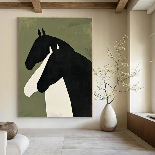 Contemporary abstract painting featuring two horses in profile – bold black shapes with white accents on green background, creating a striking minimalist visual. DLZ1325