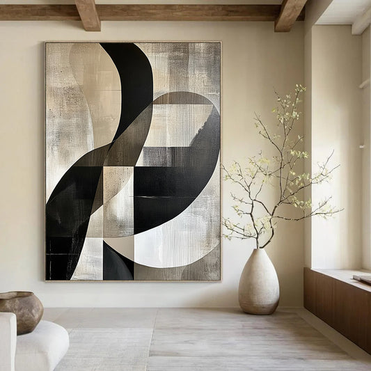 Large contemporary handcrafted abstract painting featuring gray beige and black tones with white accents smooth curves and geometric forms emphasizing negative space and light-shadow interplay. DLZ1371