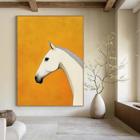 Contemporary hand-painted abstract art featuring a minimalist white horse design on a tranquil yellow background with clean lines and high-definition details. DLZ1513