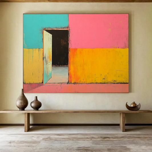 “Colorful Doorway” - A doorway in a brightly colored wall, Abstract Architectural Painting On Canvas HB0553