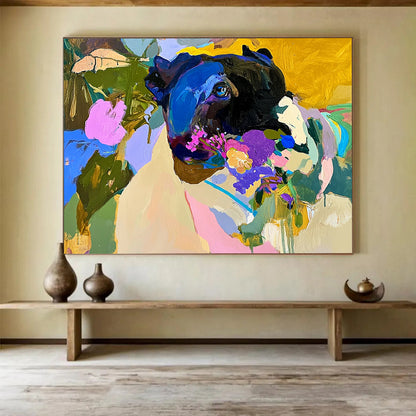“Colorful Dog with Flowers” - Black dog, colorful flowers, vibrant background, Expressive Animal Painting On Canvas HB0600