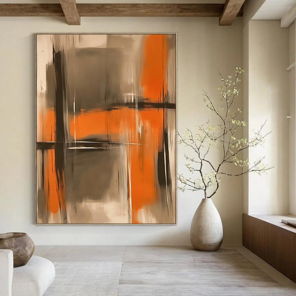 Contemporary hand-painted abstract artwork featuring soft oranges and grays with blurred figures and a grainy texture for a hazy atmospheric effect. DLZ1015