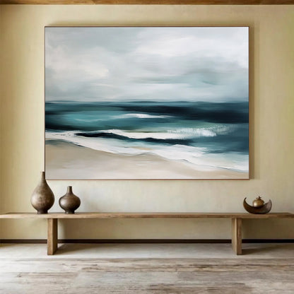 “Muted Coastal Calm” - Gray, Teal, Beige, Abstract Beach - Minimalist Oil Painting HB1507