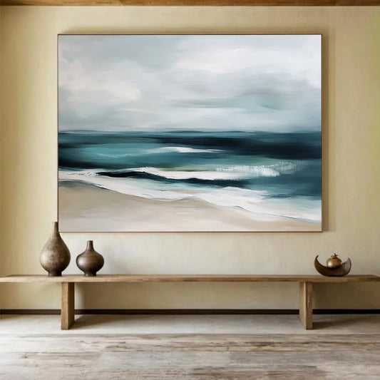 “Muted Coastal Calm” - Gray, Teal, Beige, Abstract Beach - Minimalist Oil Painting HB1507