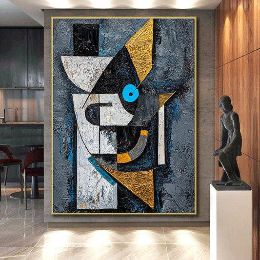 Gray, Black, White, Gold and Blue Cubist - Inspired "Abstract Portrait" Painting On Canvas HB319