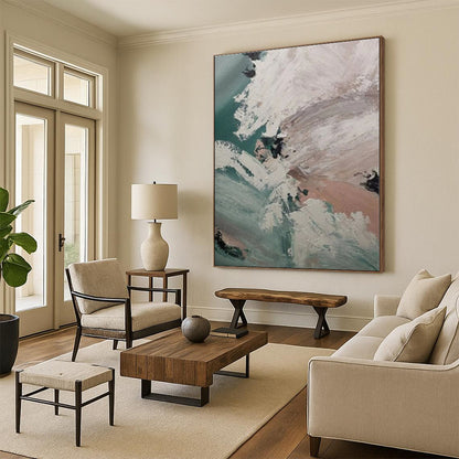 Oversized Abstract Expressionist Hand-Painted Canvas for Bathroom Relaxation Wall