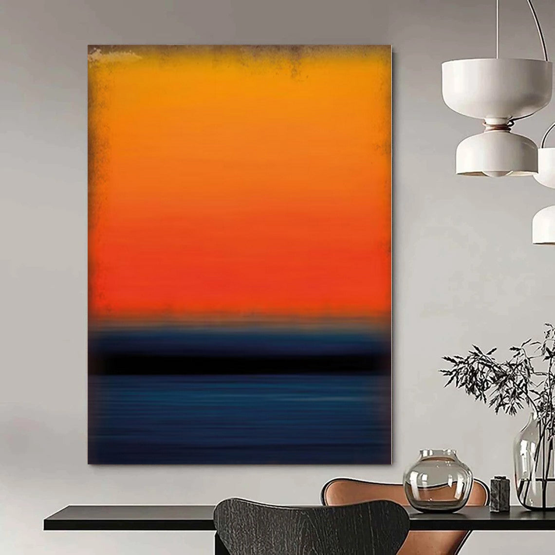 Oversized Hand-Painted Modern Abstract Mural for Dining Room Behind Bar Carts