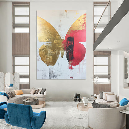 Contemporary abstract art featuring a striking butterfly design on a white background adorned with gold and red accents. Ideal for modern spaces. DLZ0369