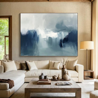 “Muted Tonal Abstract Landscape” - Shades of gray, blue, white; Abstract landscape with soft brushstrokes; Oil Painting On Canvas HB1237